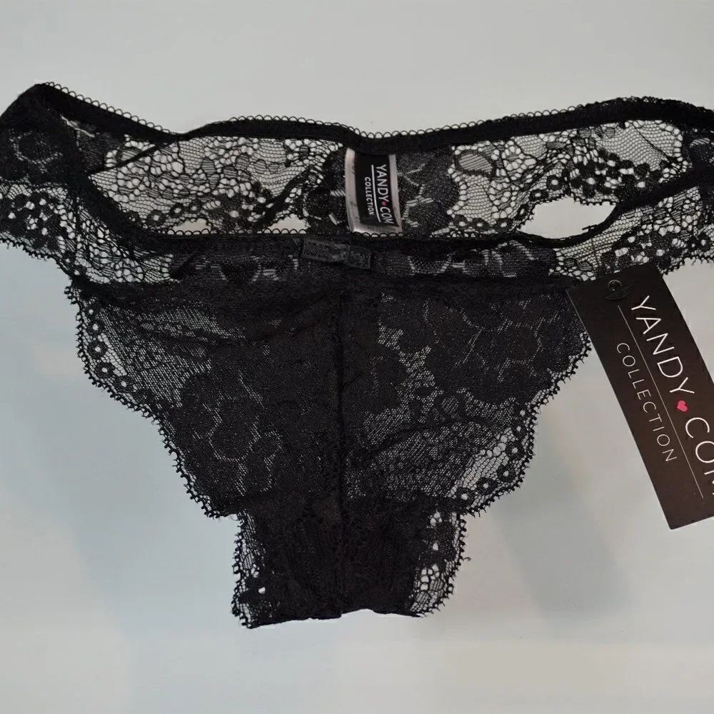Yandy Collection Soft Lace Thong Panty Black Size Small